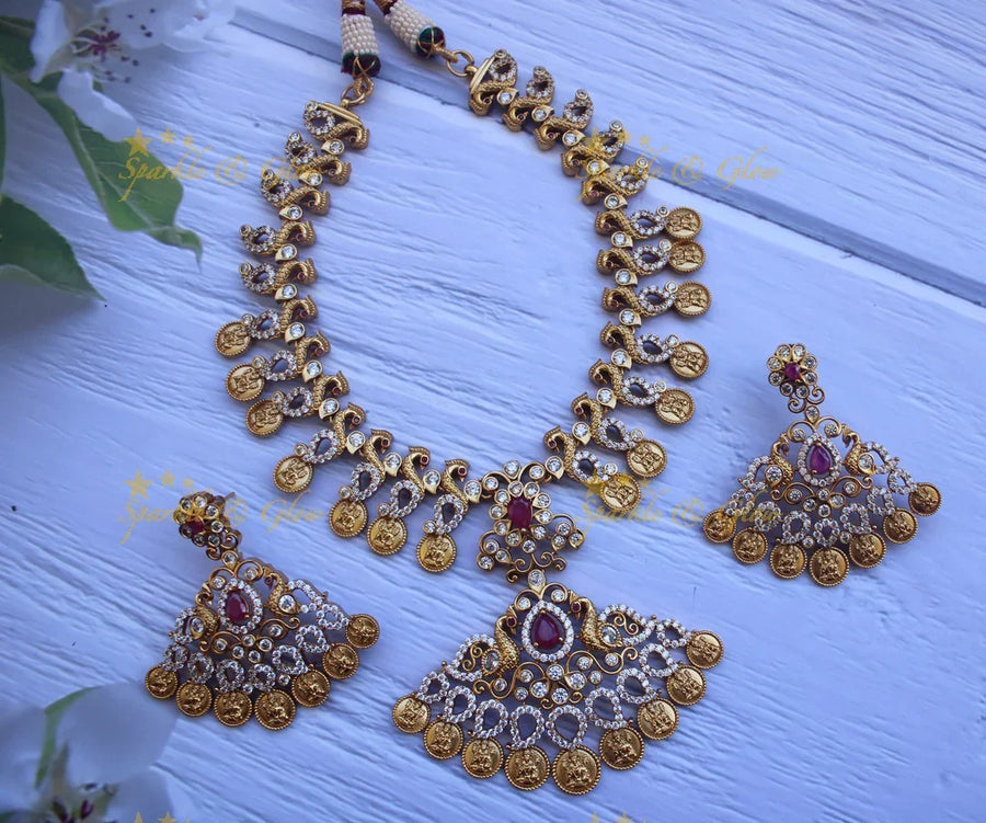 Gold alike CZ stones peacock coin necklace - Sparkle and Glow