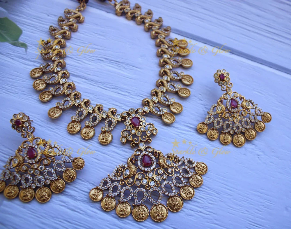 Gold alike CZ stones peacock coin necklace - Sparkle and Glow