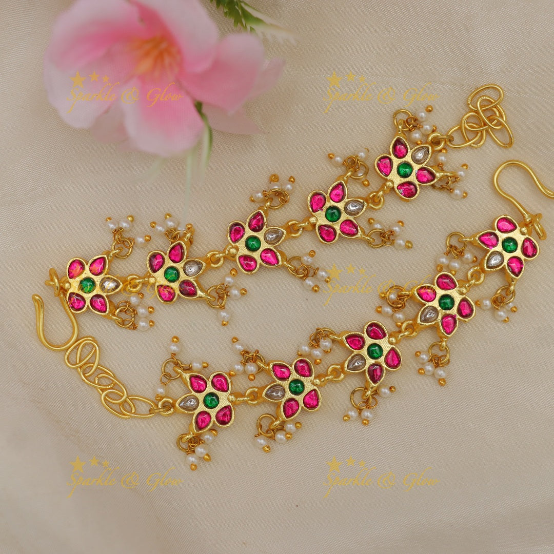 Exquisite Jadau Kundan Ear Chain - Floral Gold Elegance
