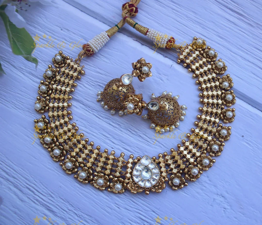 Gold alike copper made jadau statement necklace - Sparkle and Glow