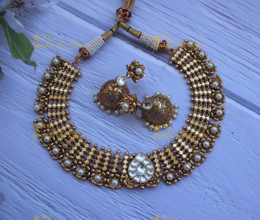 Gold alike copper made jadau statement necklace - Sparkle and Glow