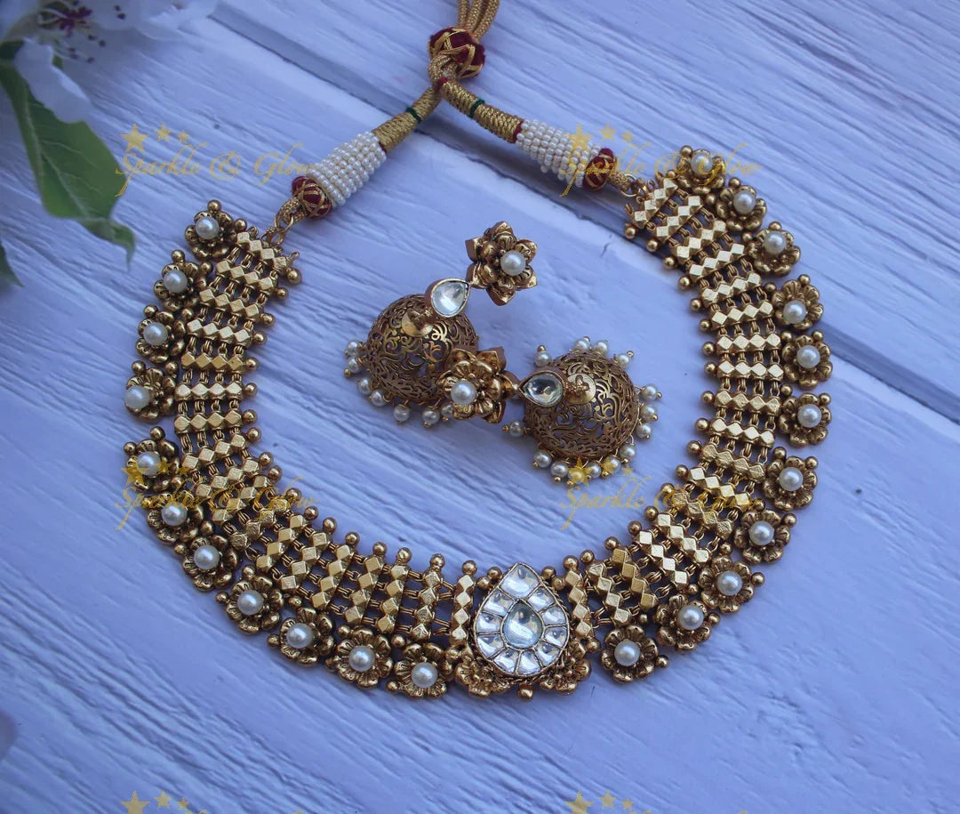 Gold alike copper made jadau statement necklace - Sparkle and Glow