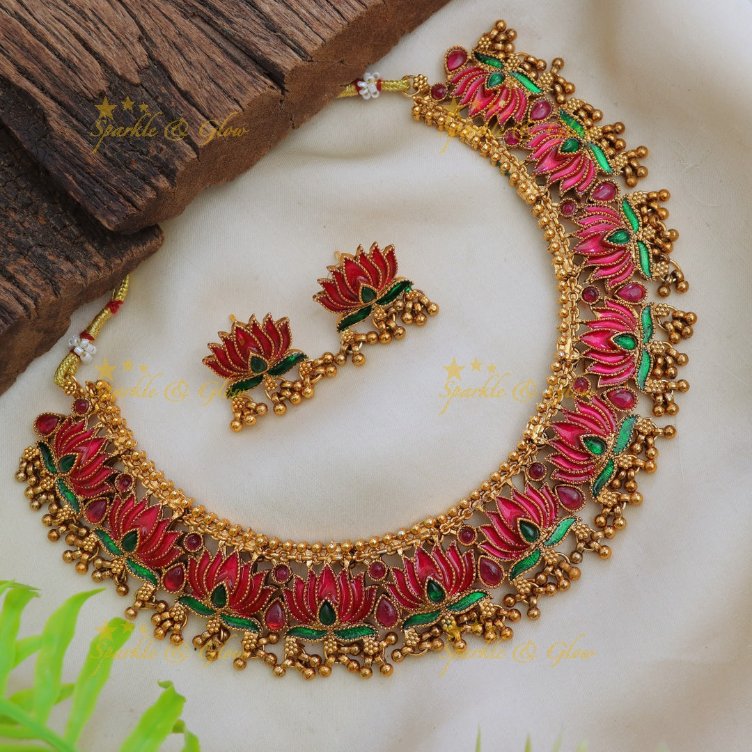 Lotus Floral Gold Necklace for Festive Elegance