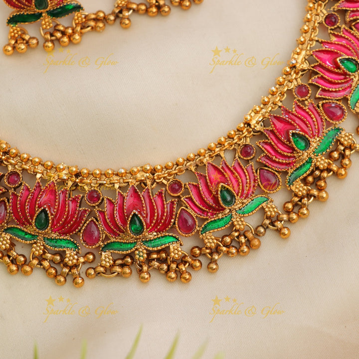 Lotus Floral Gold Necklace for Festive Elegance