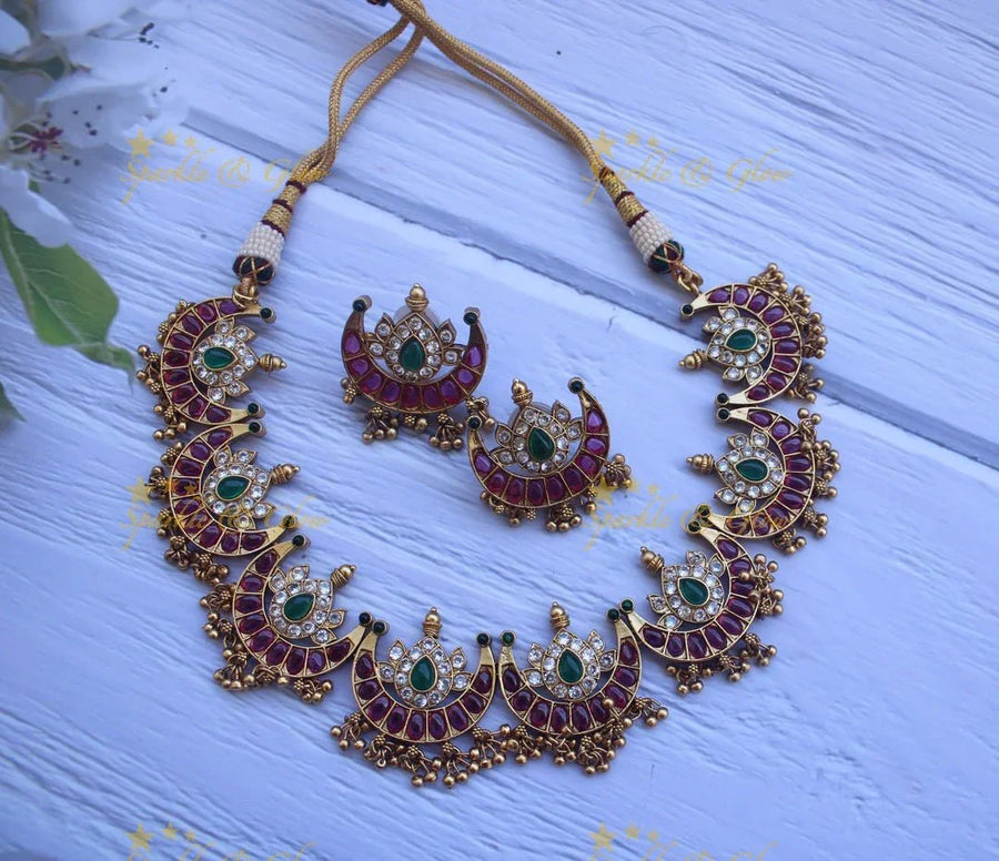 Statement Half moon kemp necklace - Green White - Sparkle and Glow