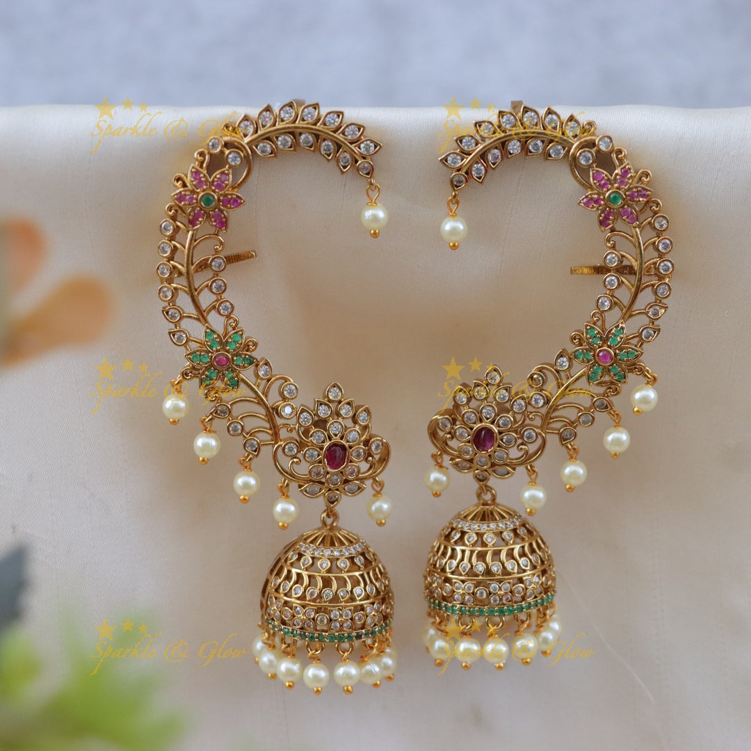 Grand Leaf Floral CZ Ear Cuff Jhumka Earrings