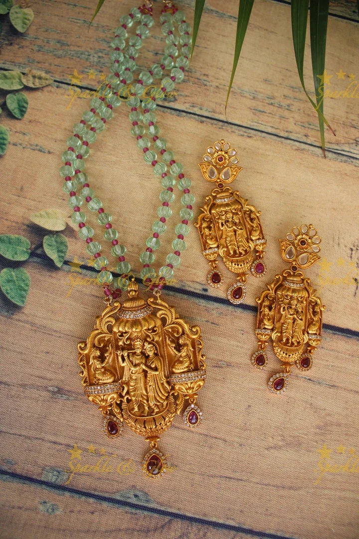 Statement Radha Krishna pendent beaded haram - Wine Pink - Sparkle and Glow