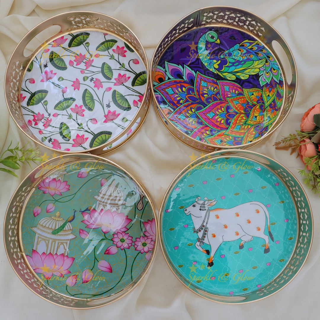 Exquisite Kalamkari Tray Set for Festive Occasions set of 4