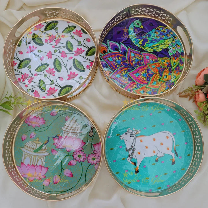 Exquisite Kalamkari Tray Set for Festive Occasions set of 4