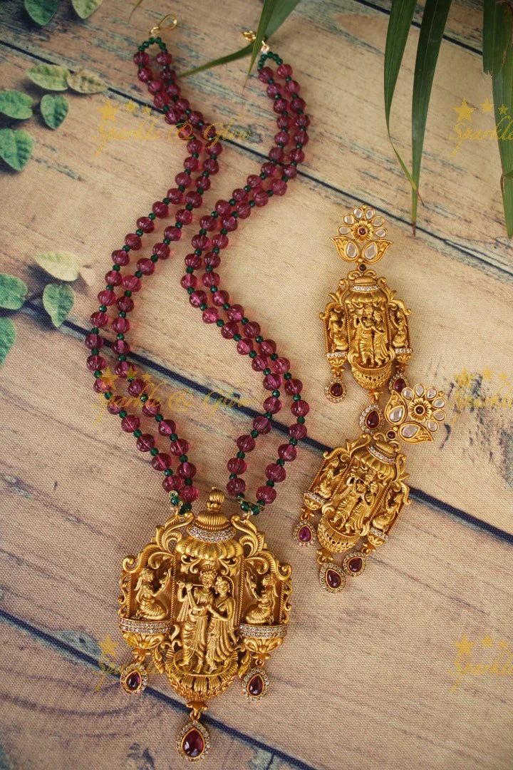Statement Radha Krishna pendent beaded haram - Wine Pink - Sparkle and Glow