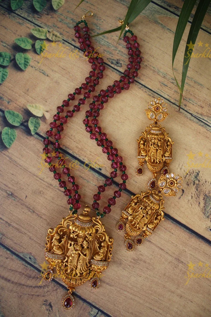 Statement Radha Krishna pendent beaded haram - Wine Pink - Sparkle and Glow