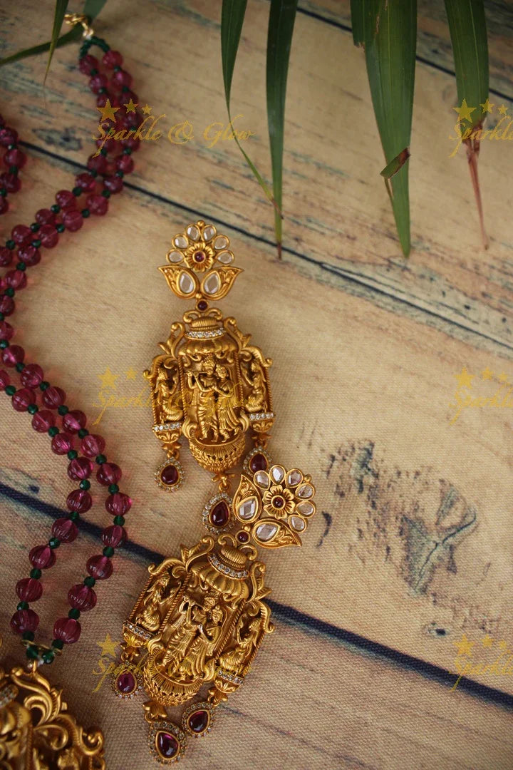 Statement Radha Krishna pendent beaded haram - Wine Pink - Sparkle and Glow