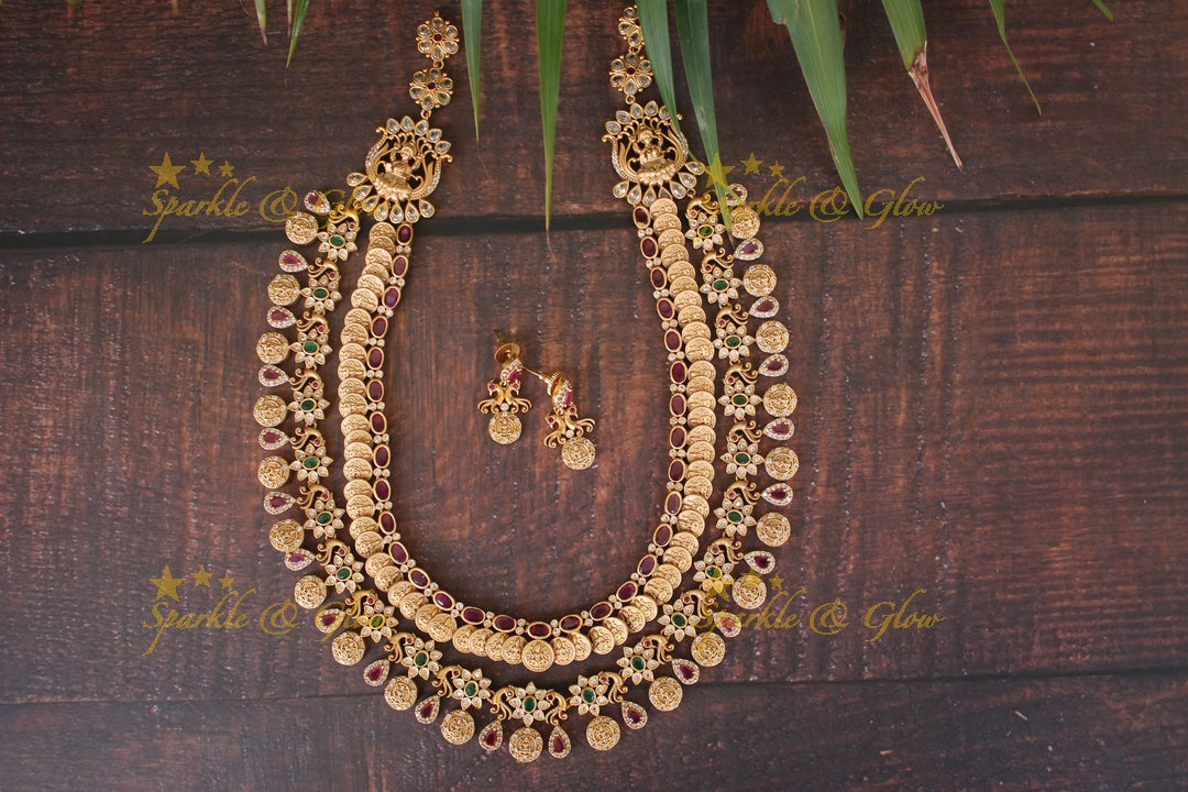 Exquisite layered coin and peacock carved haram - Sparkle and Glow