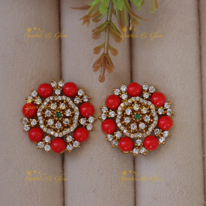 Coral Beaded Floral Earrings - Festive Elegance