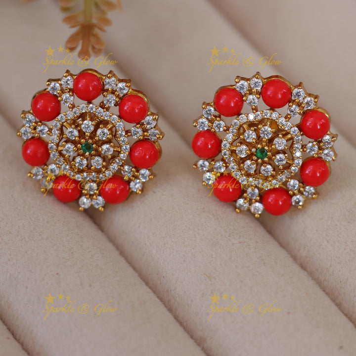 Coral Beaded Floral Earrings - Festive Elegance