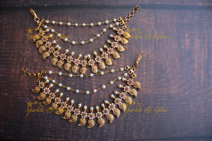 Mango shaped cz stones matte gold earchain/mattal