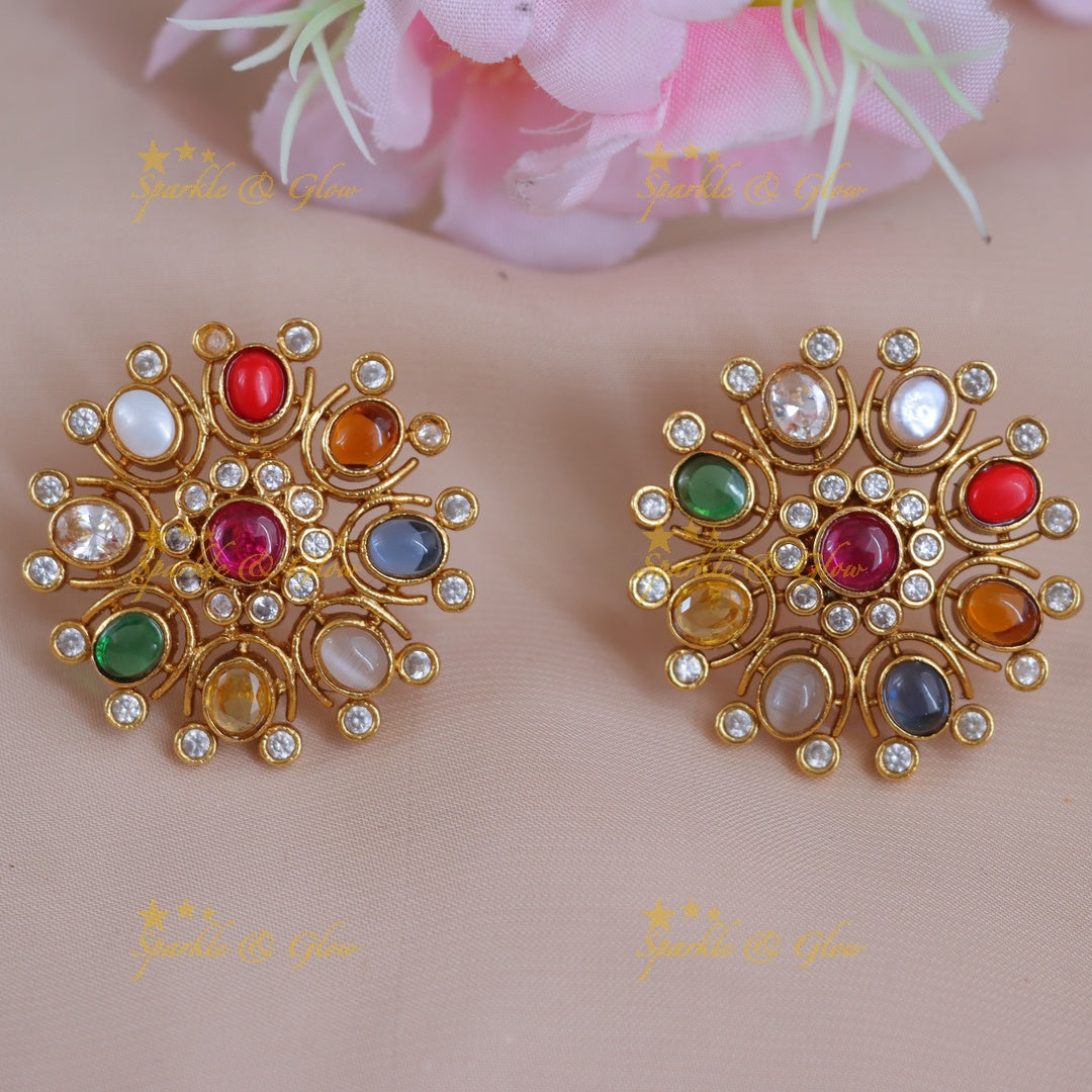 Exquisite Floral Earrings with Navarathna Stones