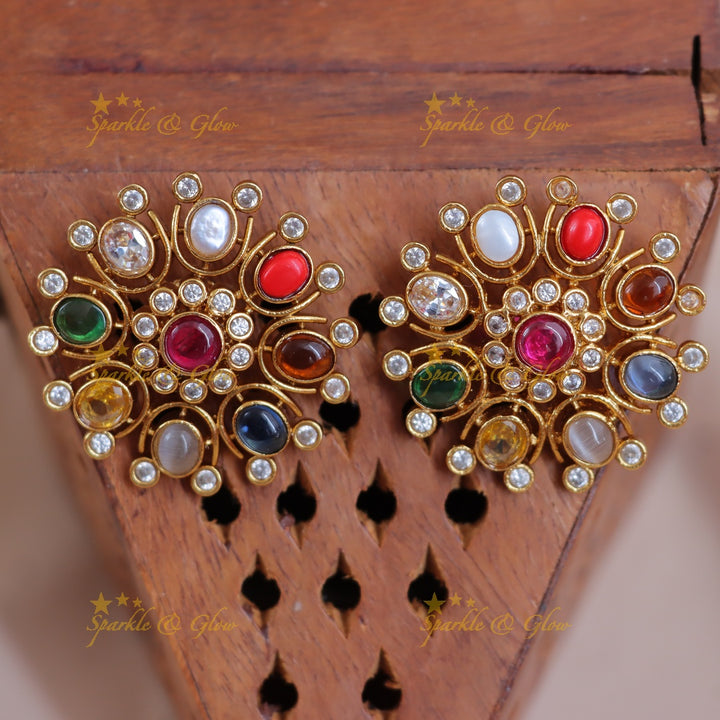 Exquisite Floral Earrings with Navarathna Stones