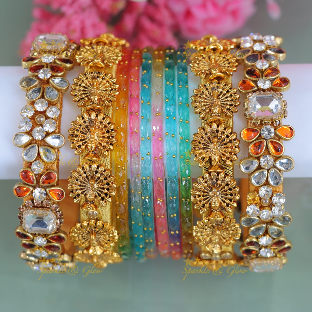 Exquisite Kundan Peacock Bangles with Silk Thread
