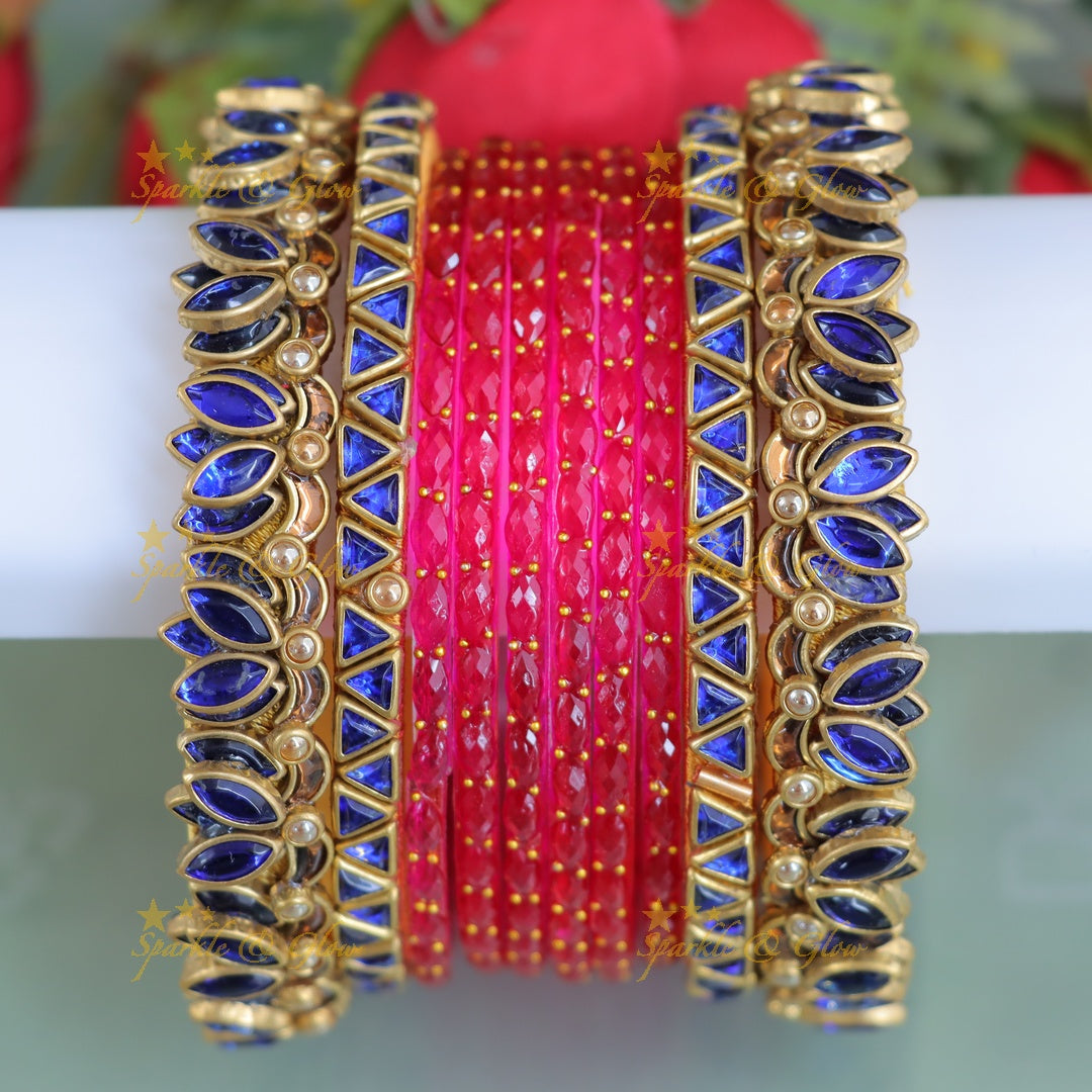 Vibrant Pink & Blue Kundan Bangles – Festive Collection - One Hand