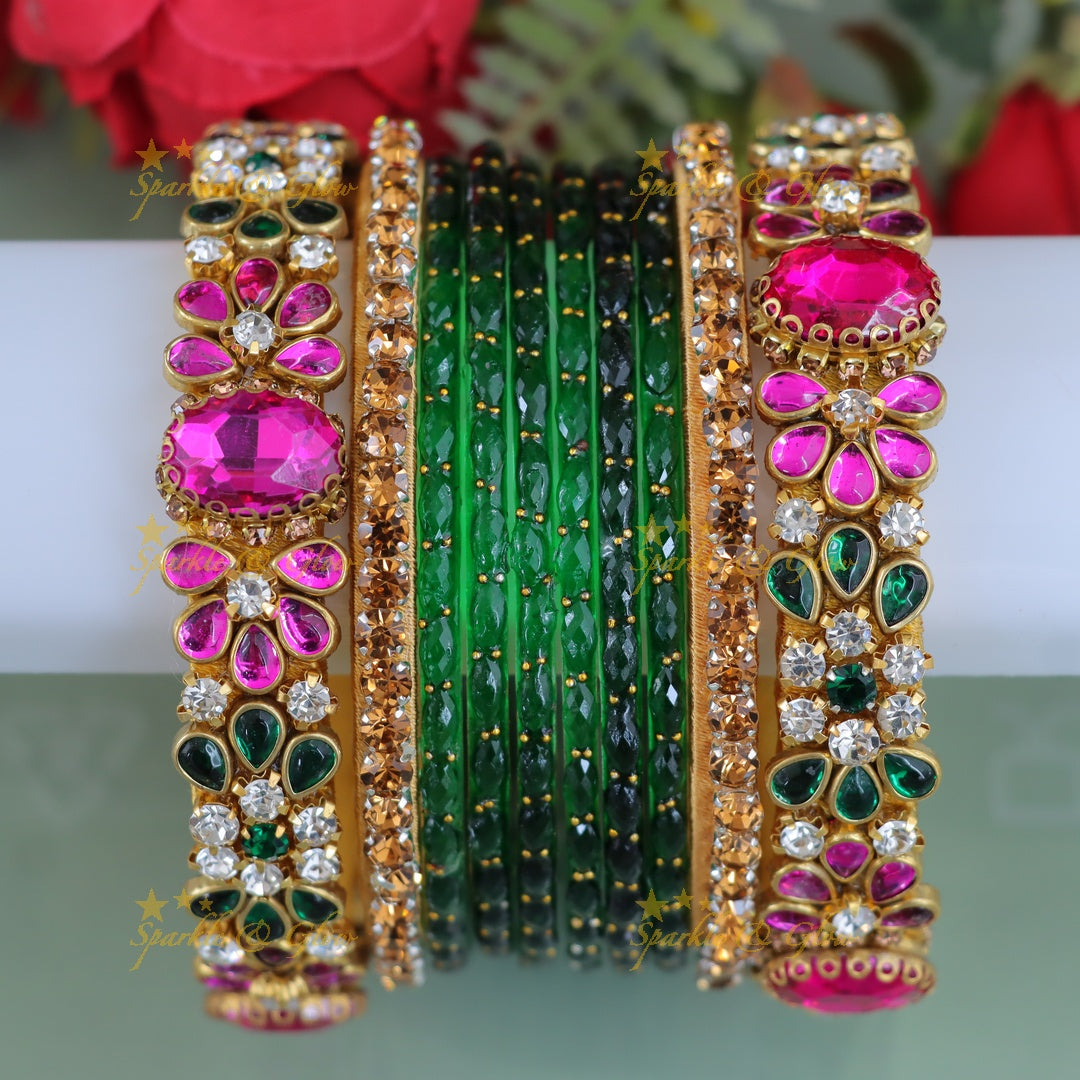 Captivating Pink Green Kundan Bangles - Festive Glamour - One Hand