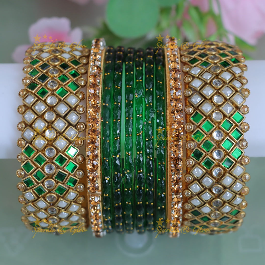 Elegant Green Kundan Silk Bangles for Festivals - One Hand
