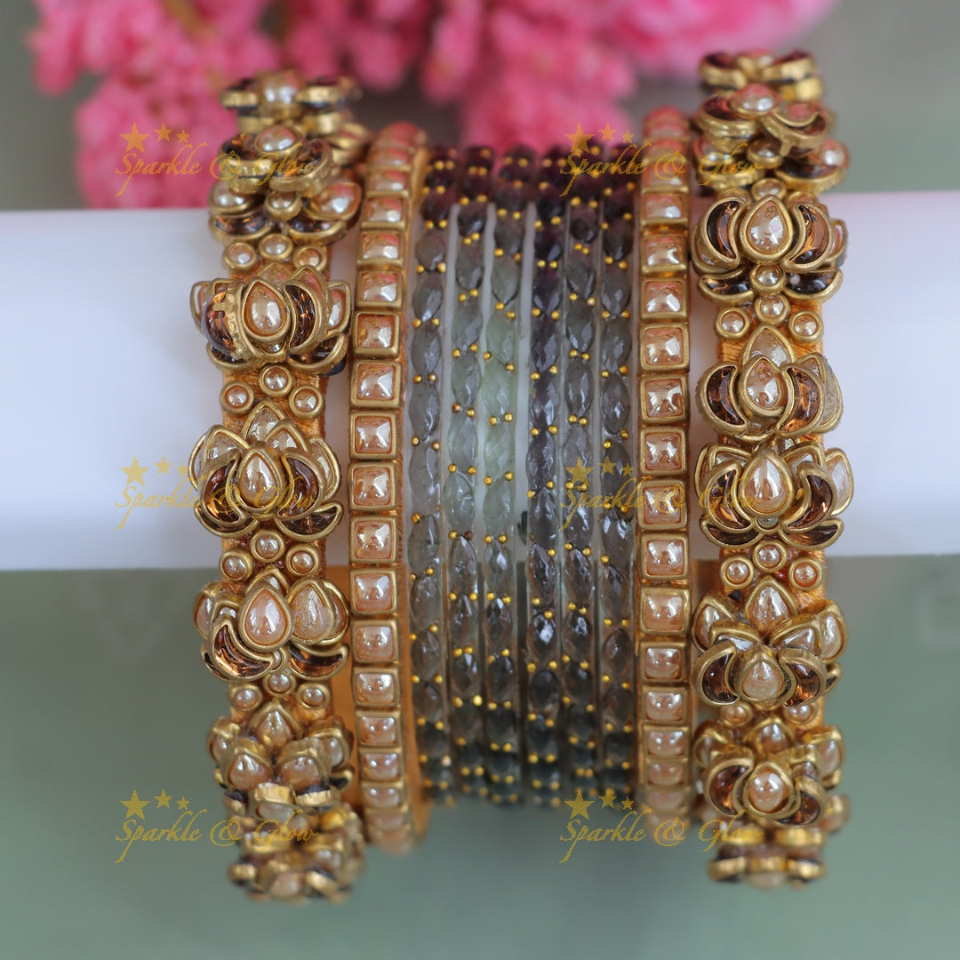 Lotus Kundan Bangle Set - Festive Elegance - One Hand