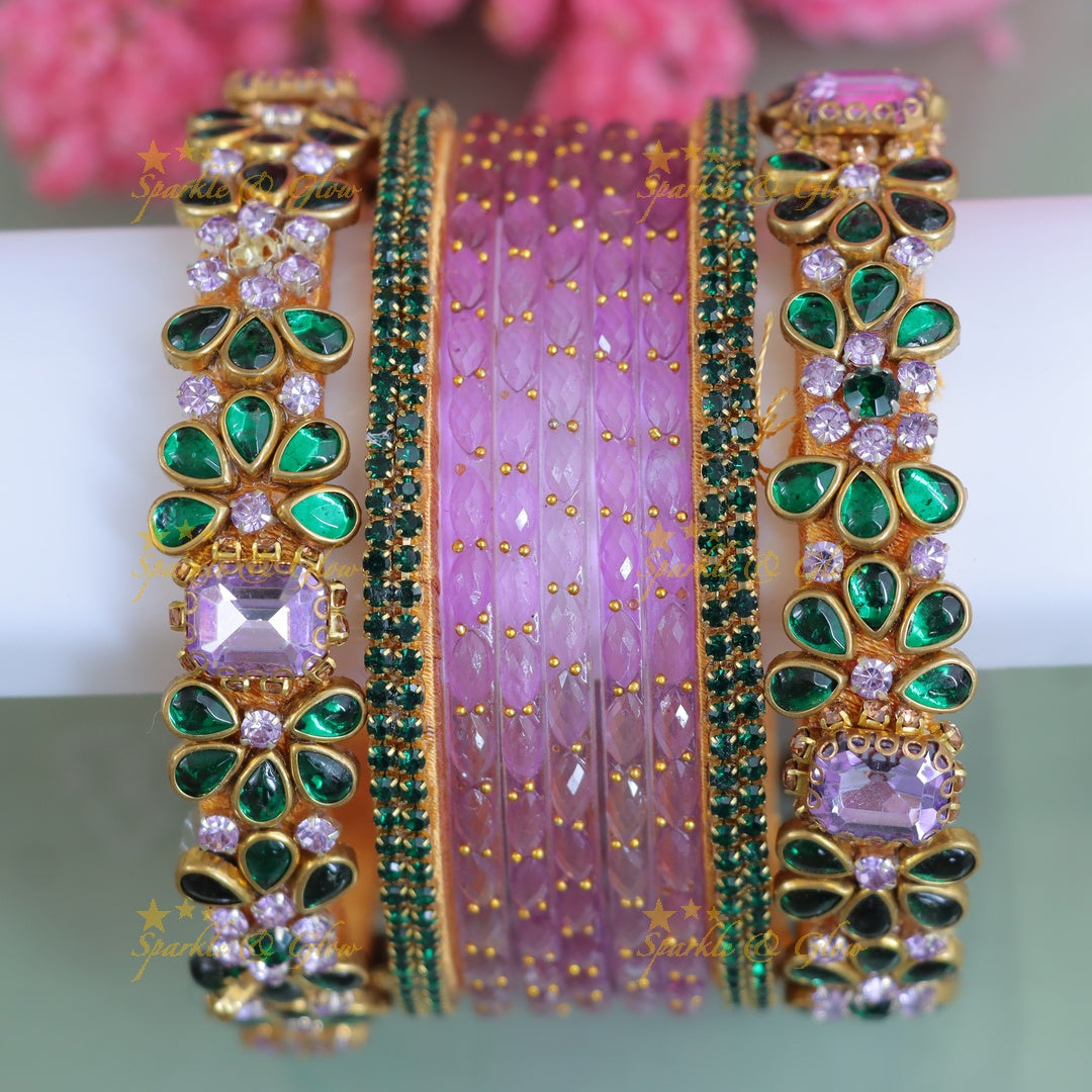 Elegant Lavender Green Kundan Bangles - One Hand