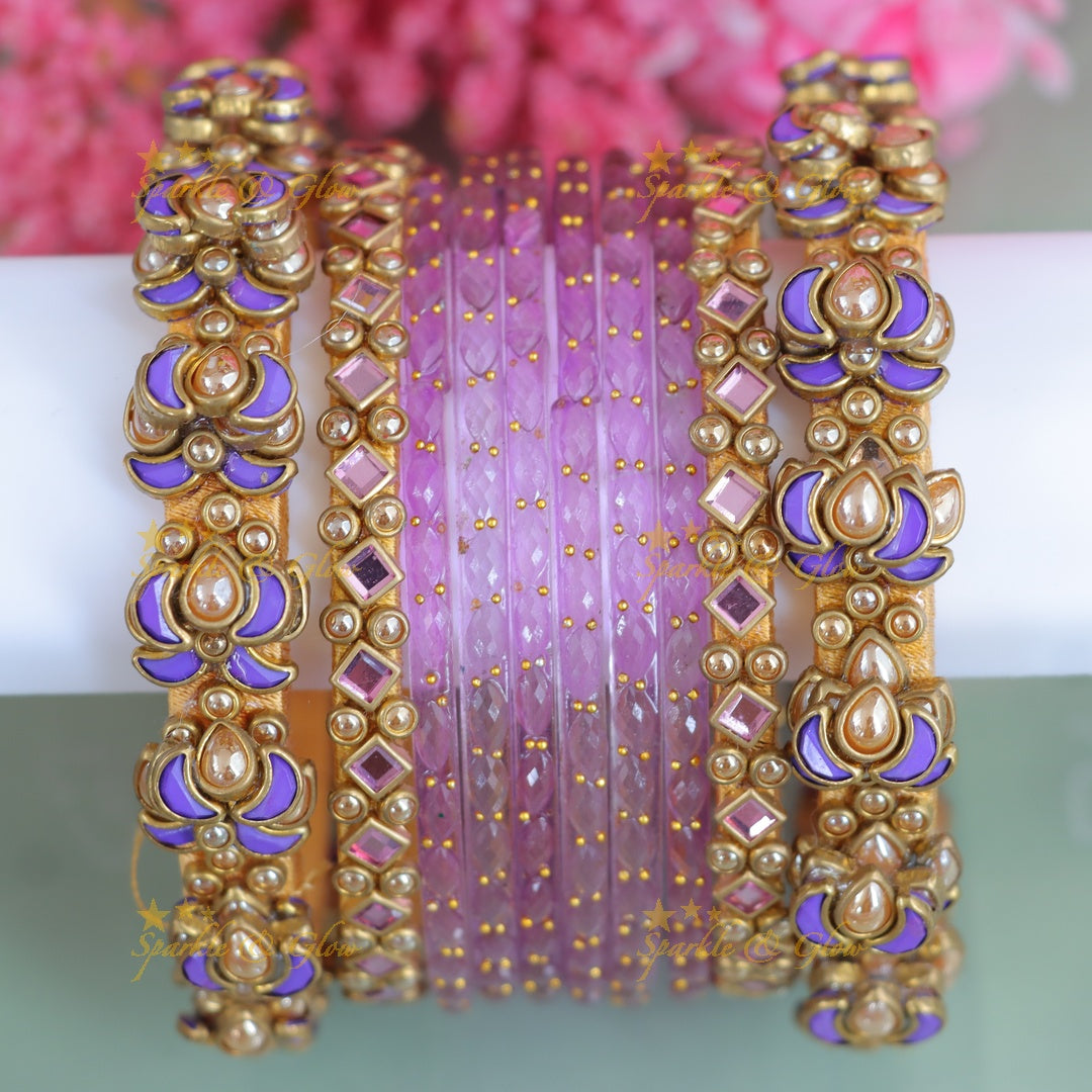 Exquisite Lavender Kundan Bangles for Special Occasions - One Hand