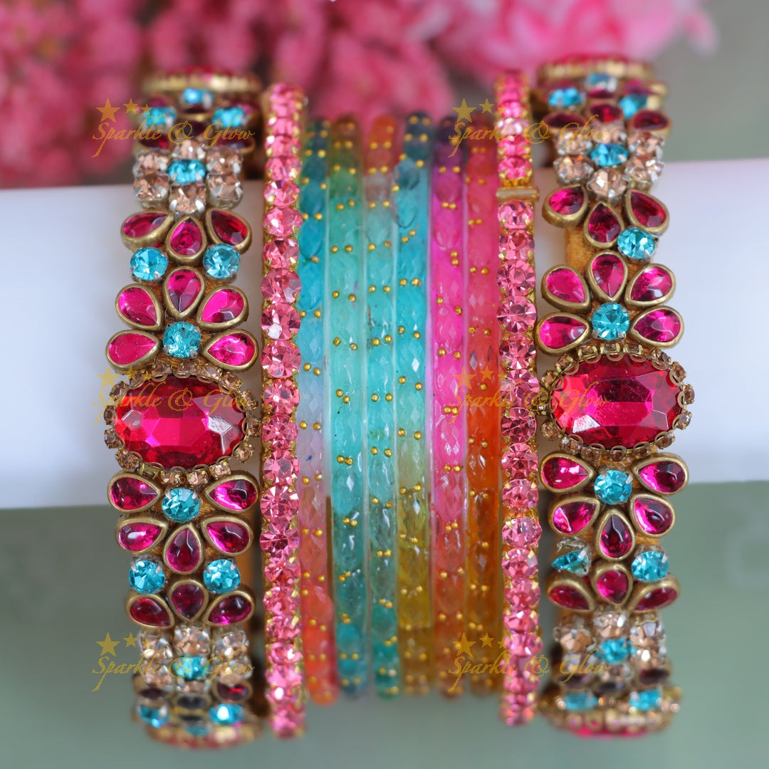 Radiant Floral Kundan Bangles - Silk Thread Beauty - One Hand