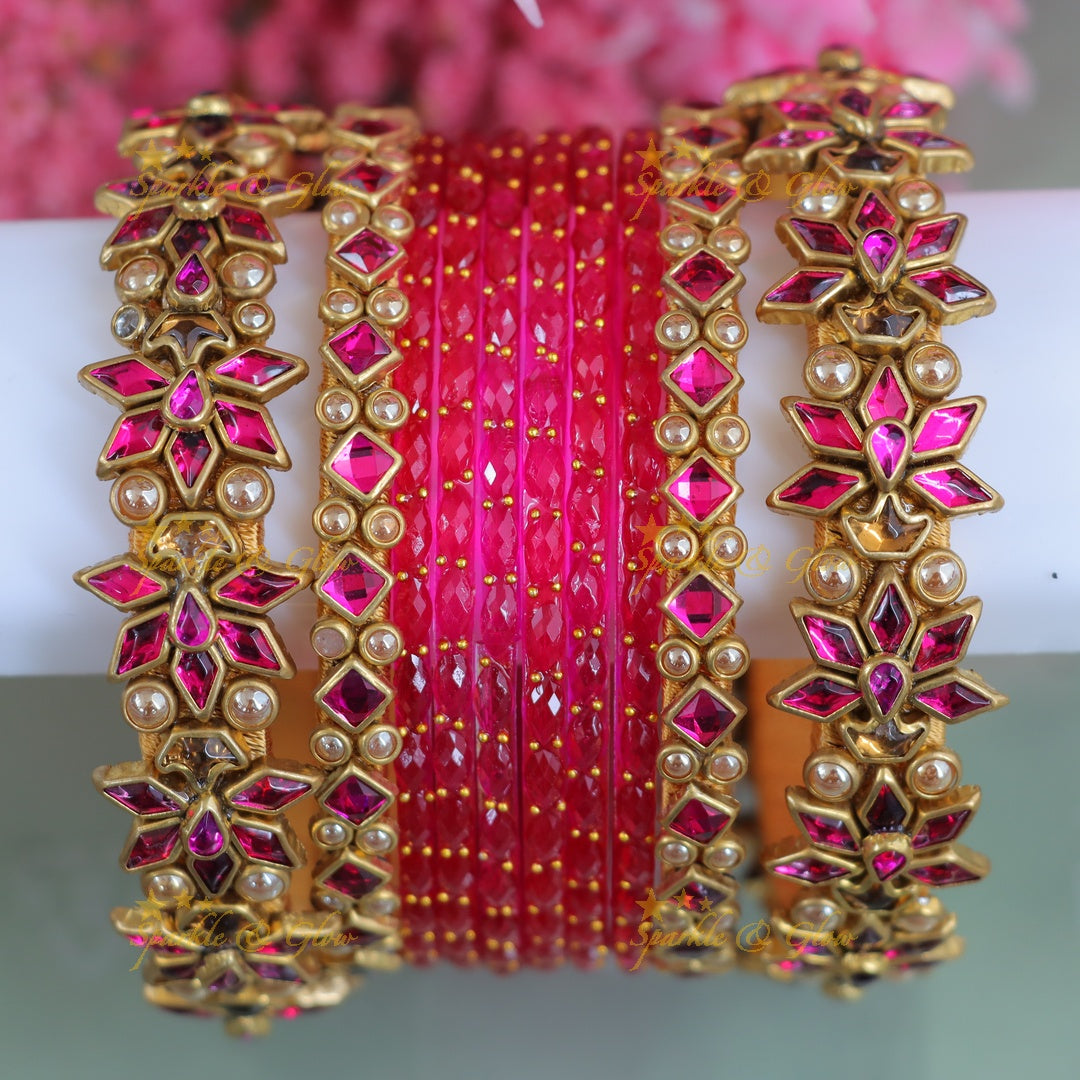 Pink Kundan Floral Bangle Set - Elegant Festive Wear - One Hand