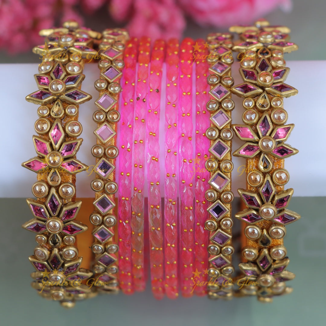 Elegant Pink Floral Kundan Bangle Set – Wedding Special - One Hand