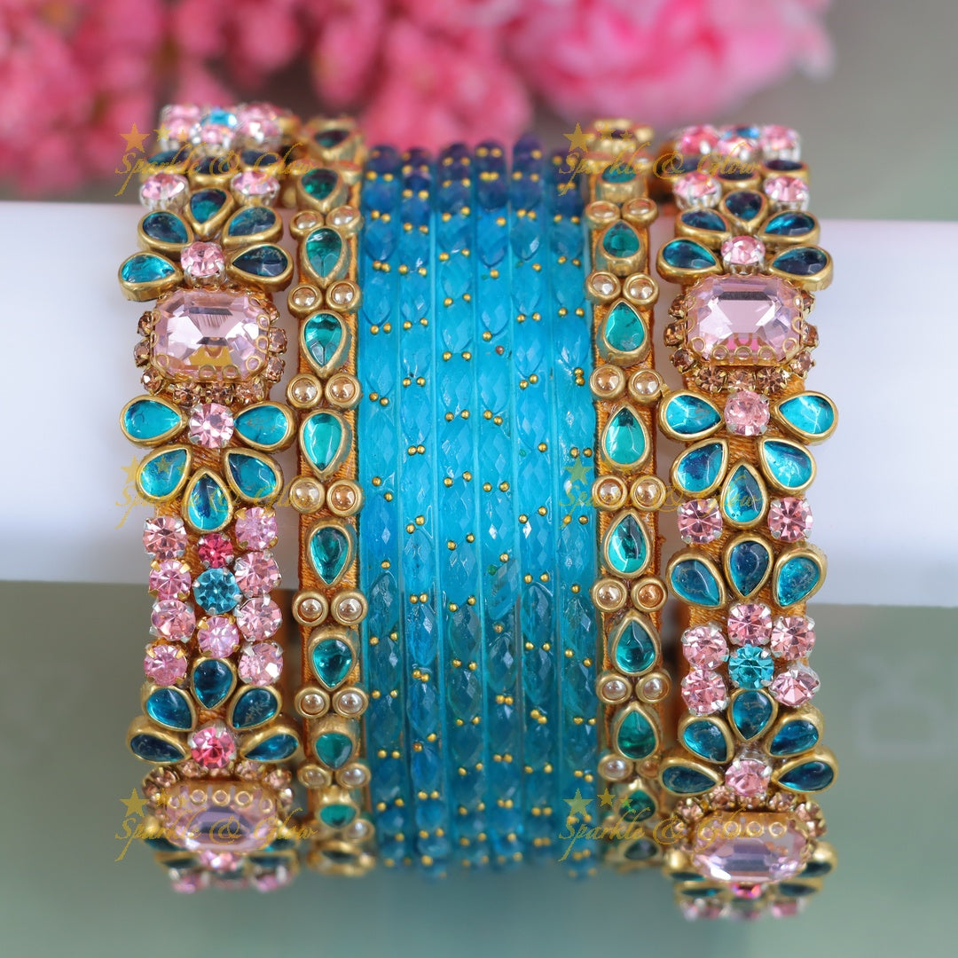 Exquisite Blue Kundan Silk Thread Wedding Bangles - One Hand