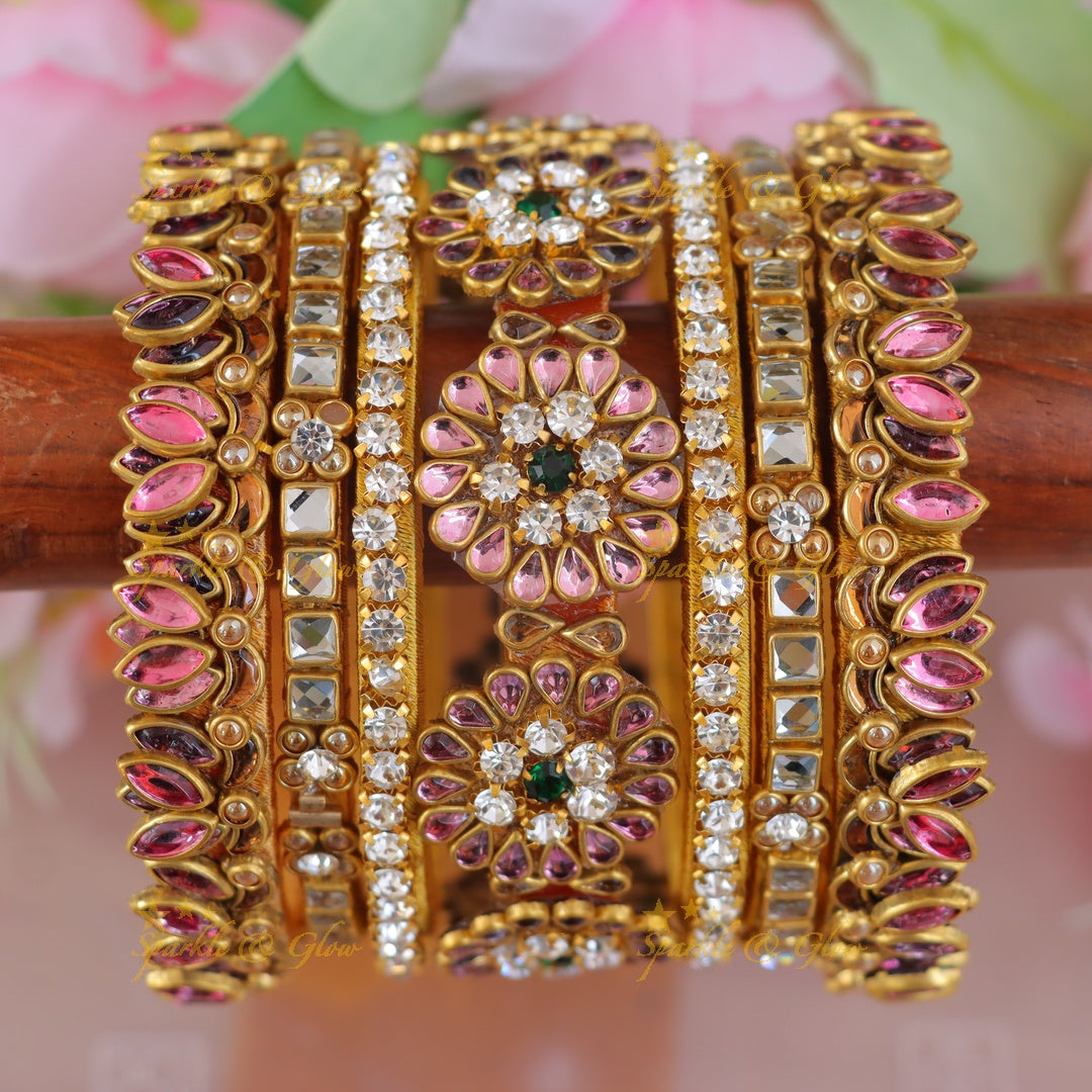 Exquisite Floral Kundan Bangle Set for Elegant Festivities - One Hand