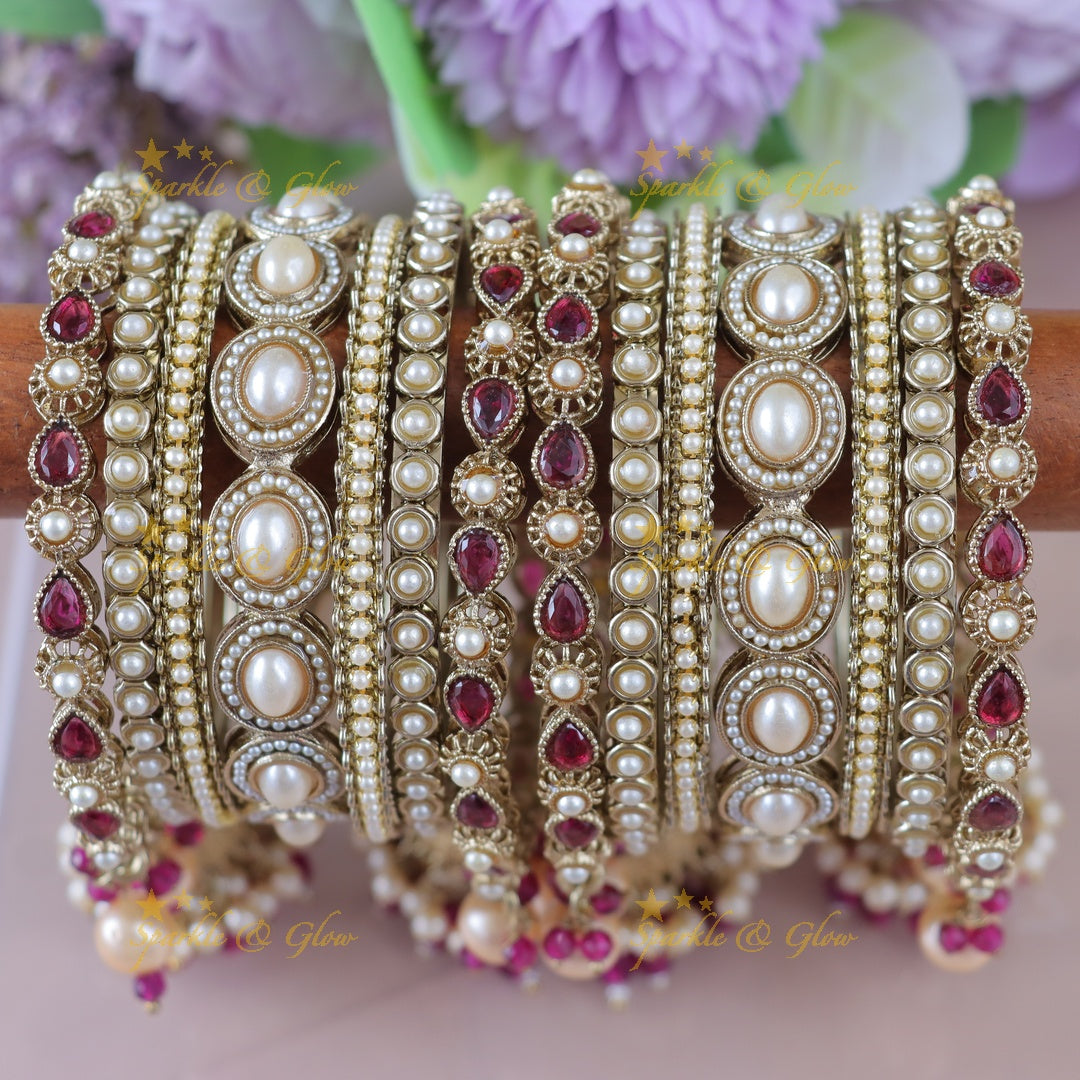 Elegant Pearl & Ruby Festive Bangles - Shop Now