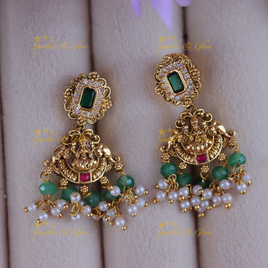 Exquisite Lakshmi Pearl Earrings with Green Beads