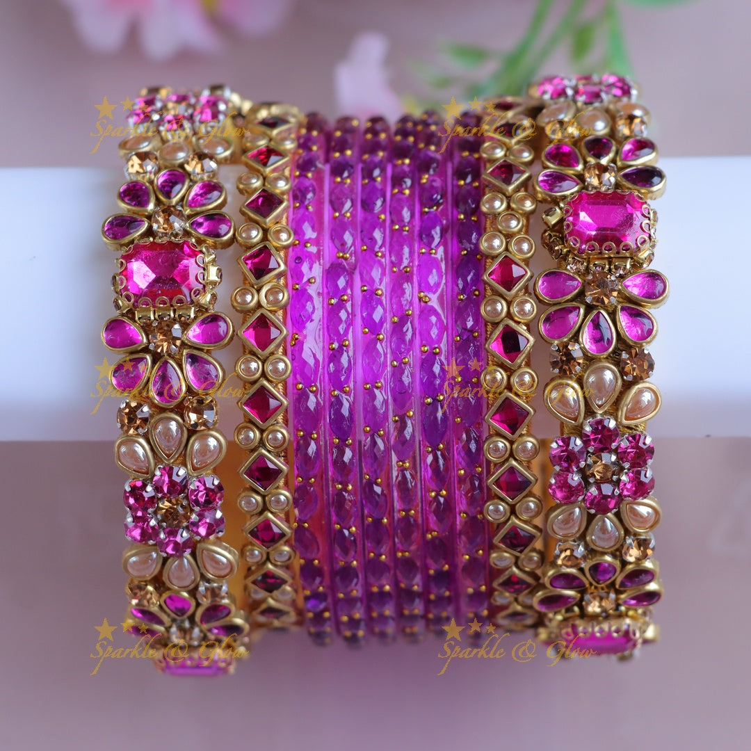 Luxurious Purple Kundan Silk Thread Bangles Set - One Hand