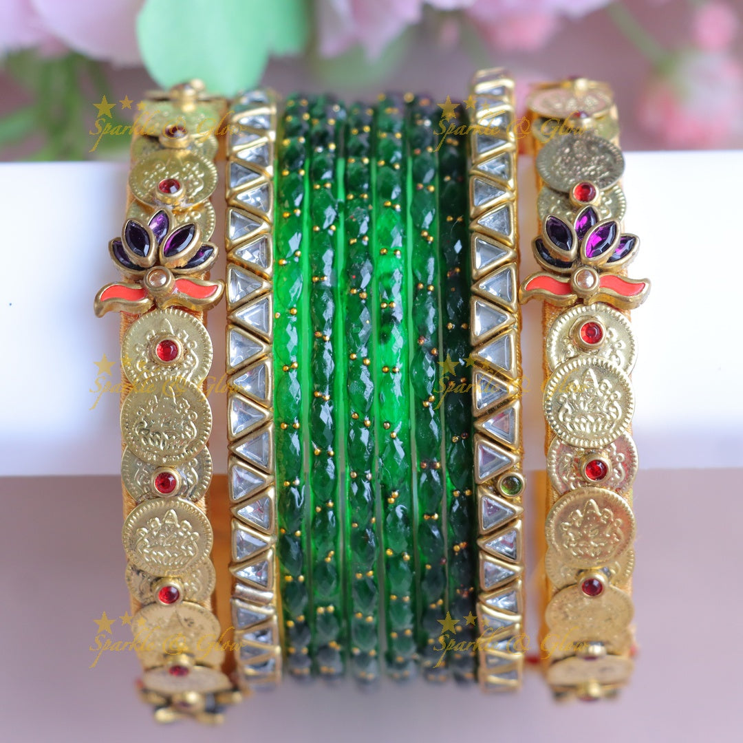 Dazzling Green Kundan Bangles | Festive Elegance - One Hand