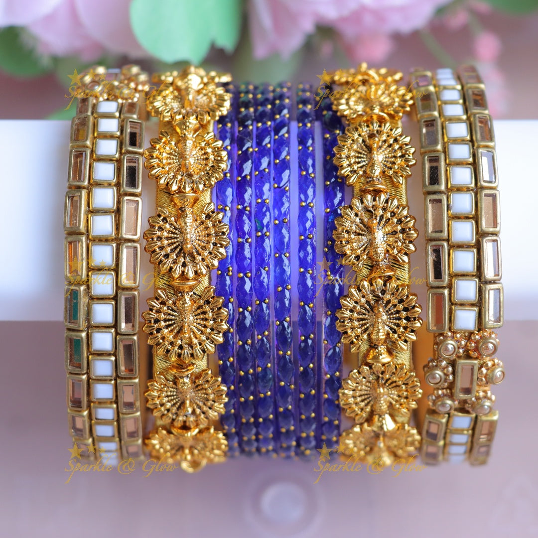 Royal Blue & Gold Bangle Set - Perfect for Festivities - One Hand