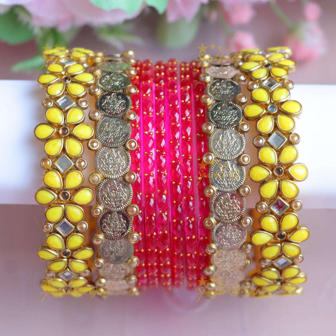 Elegant Lakshmi Coin & Floral Bangle Set for Celebrations - One Hand