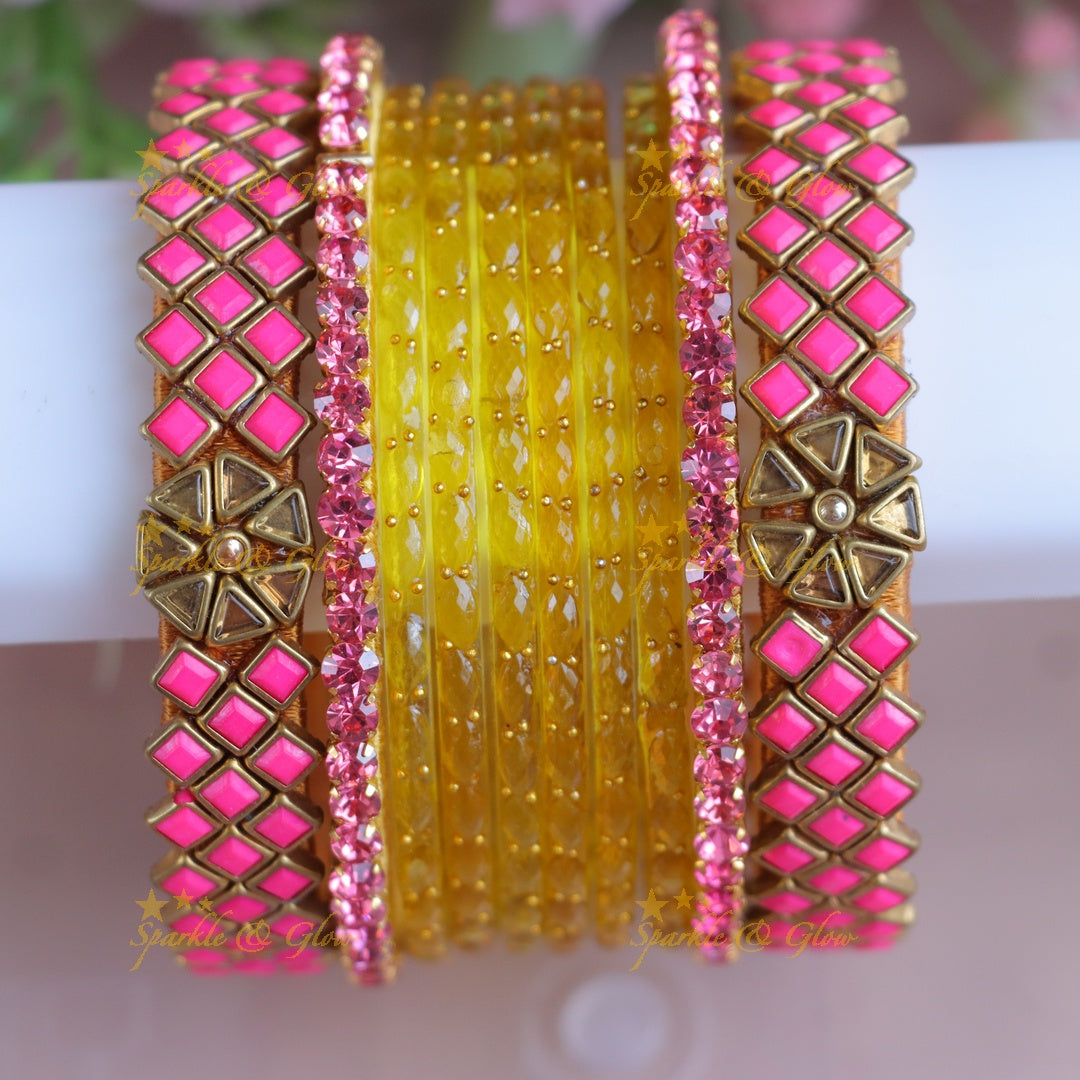 Elegant Yellow & Pink Silk Thread Bangles for Festivals - One Hand