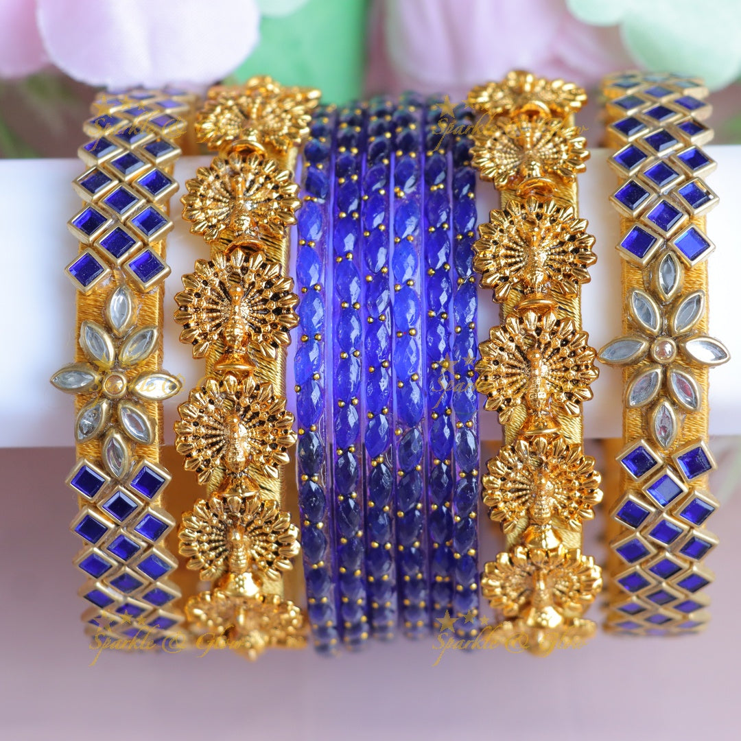 Exquisite Royal Blue Kundan Bridal Bangles Set -One Hand
