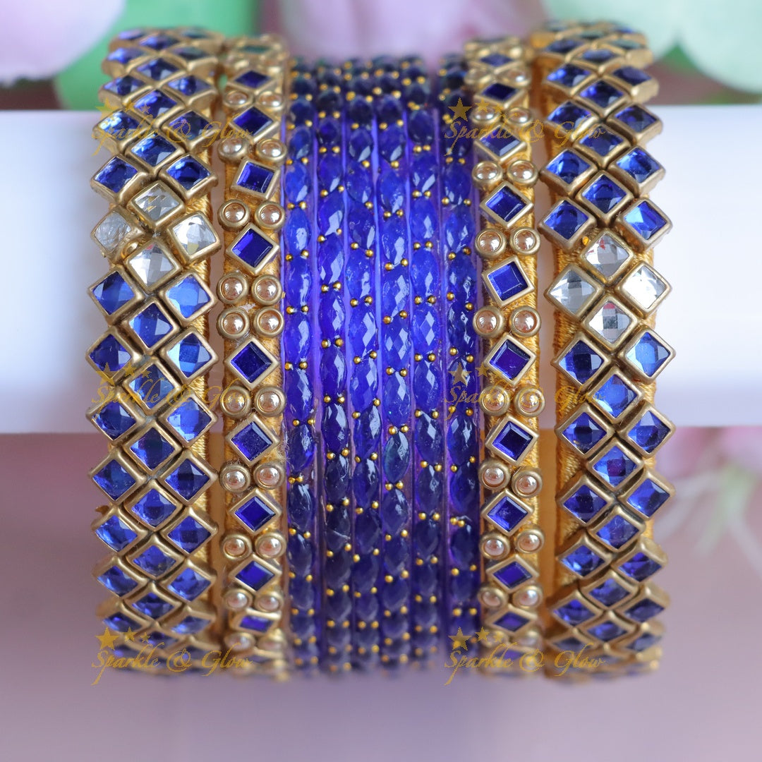 Elegant Royal Blue Kundan Silk Bangles Set for Weddings - One Hand