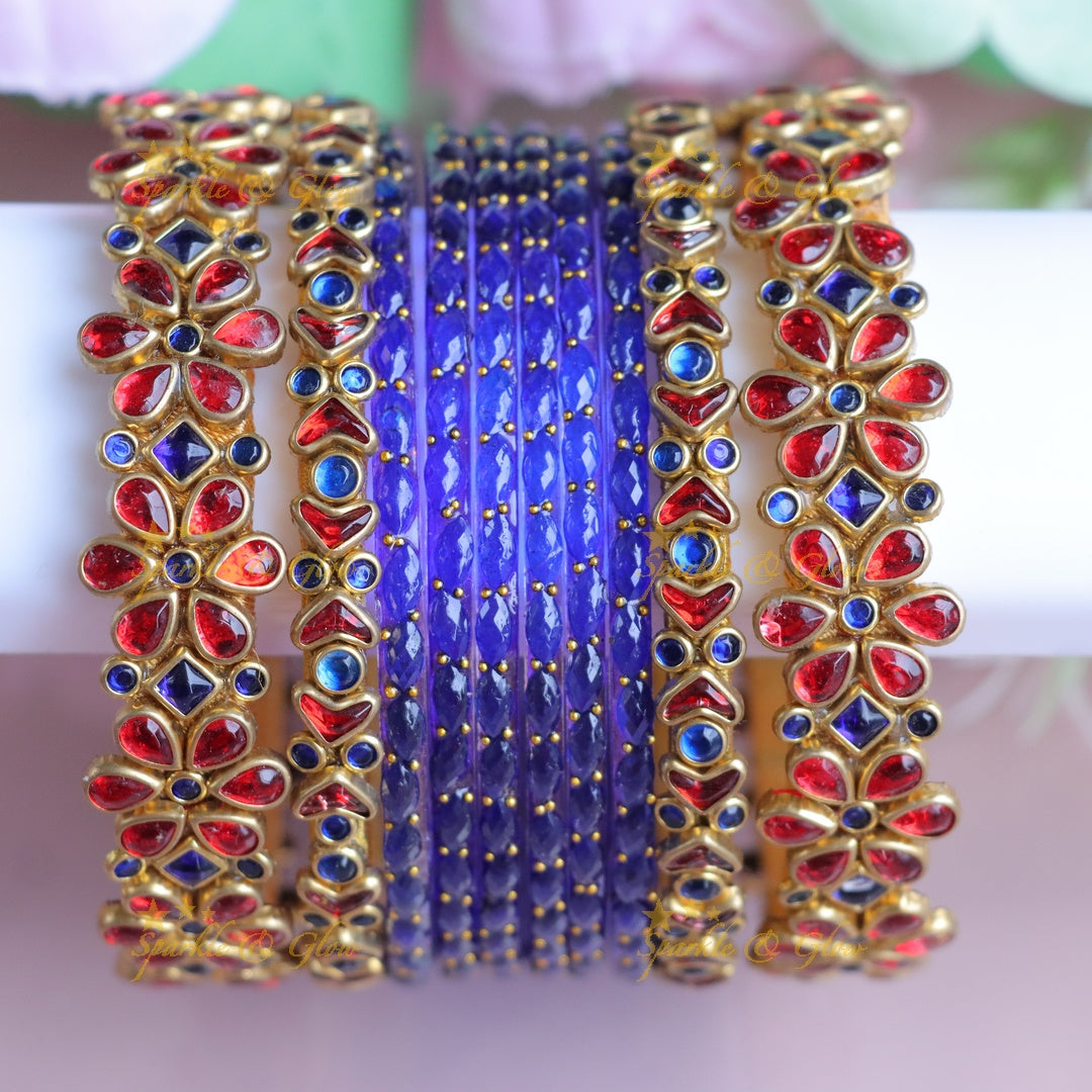 Royal Blue Kundan Bridal Bangles Set: Exquisite Elegance - One Hand