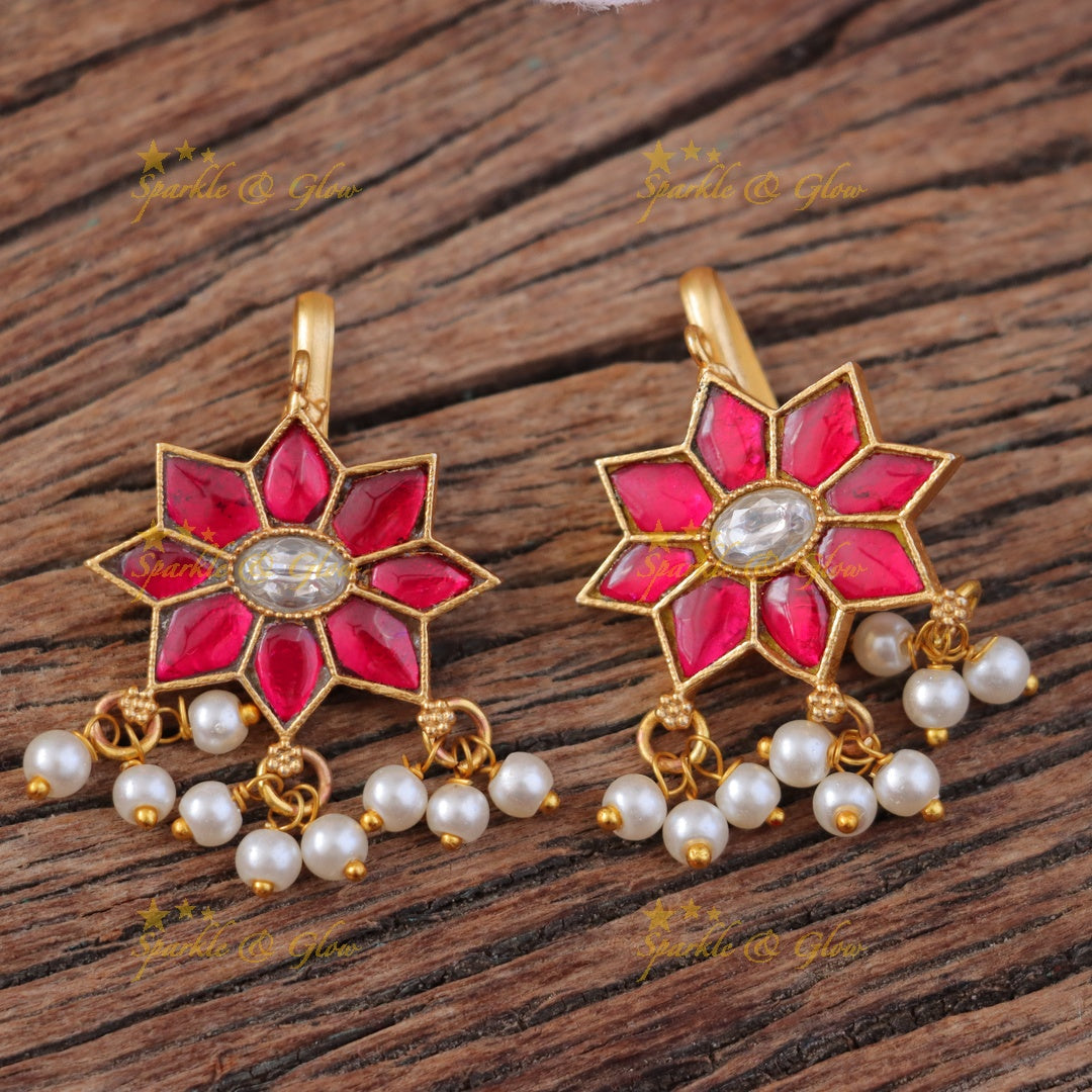 Floral Jadau Kundan Bugadi Pearl Earrings