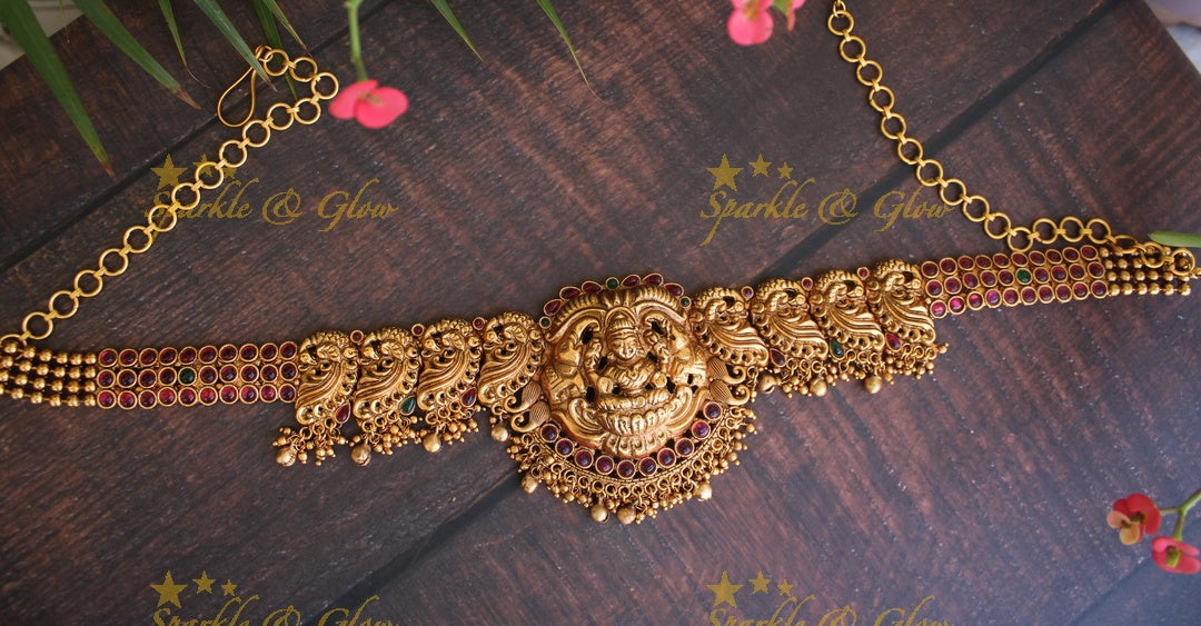 Premium matte Peacock and  Lakshmi carved hip chain with kemp stones