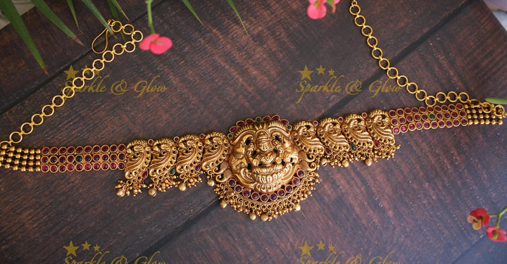 Premium matte Peacock and  Lakshmi carved hip chain with kemp stones