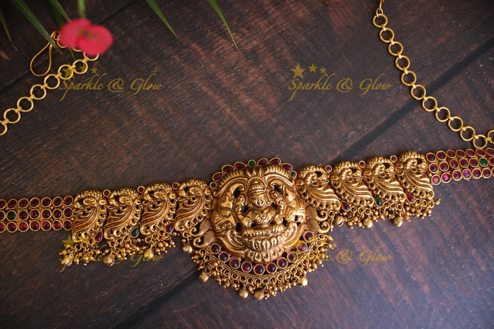 Premium matte Peacock and  Lakshmi carved hip chain with kemp stones
