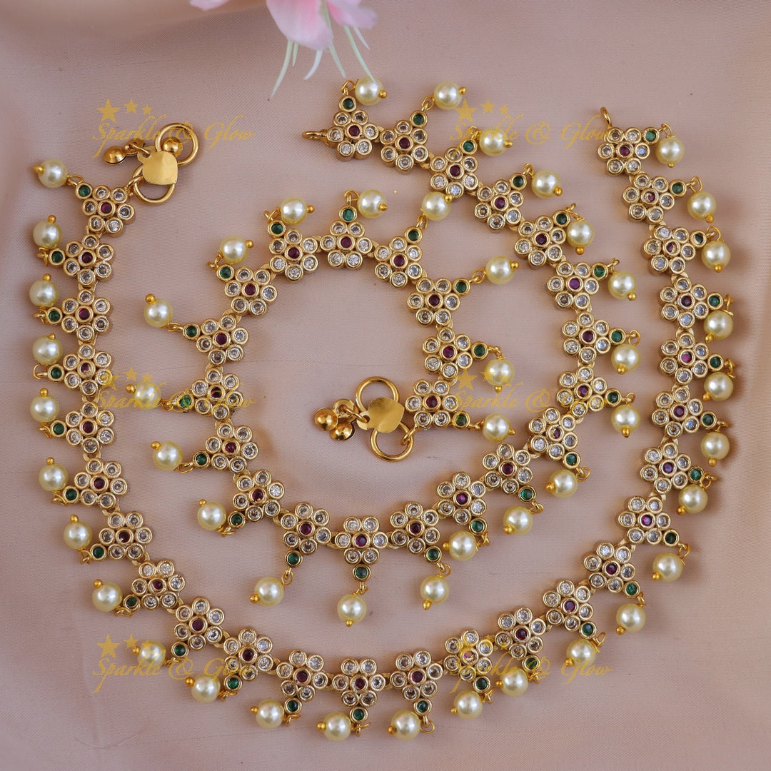 Elegant Floral Pearl & Gold Anklets for Festive Glam