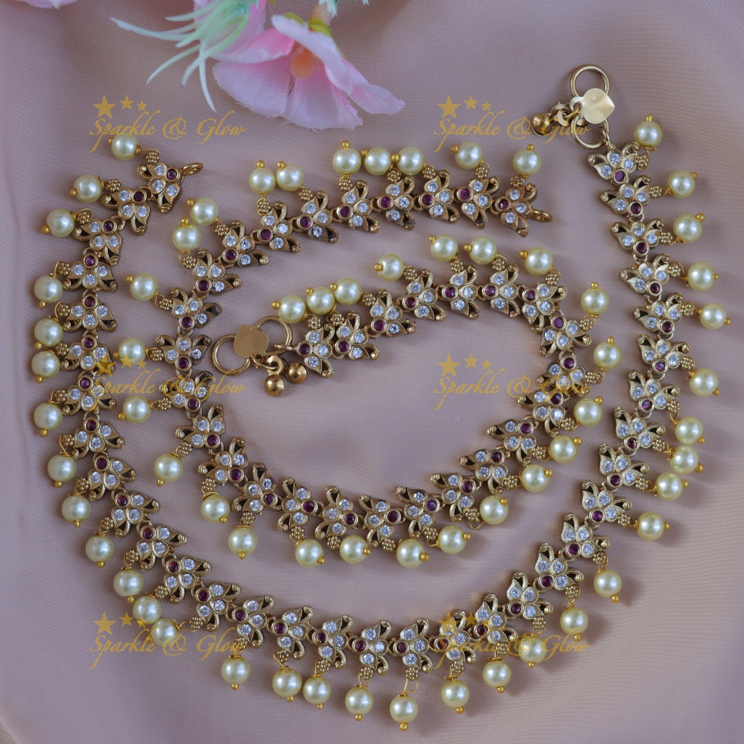 Stunning Pearl & Floral Gold Wedding Anklets